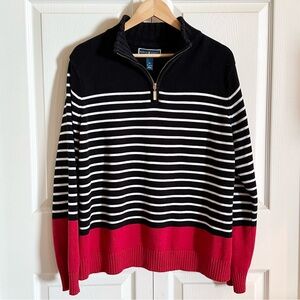 Karen Scott Black White, & Red Preppy Striped 1/4 Zip Turtleneck Sweater XL